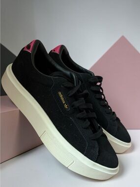 adidas Black Suede Platform Sneakers with Pink Heel Tab